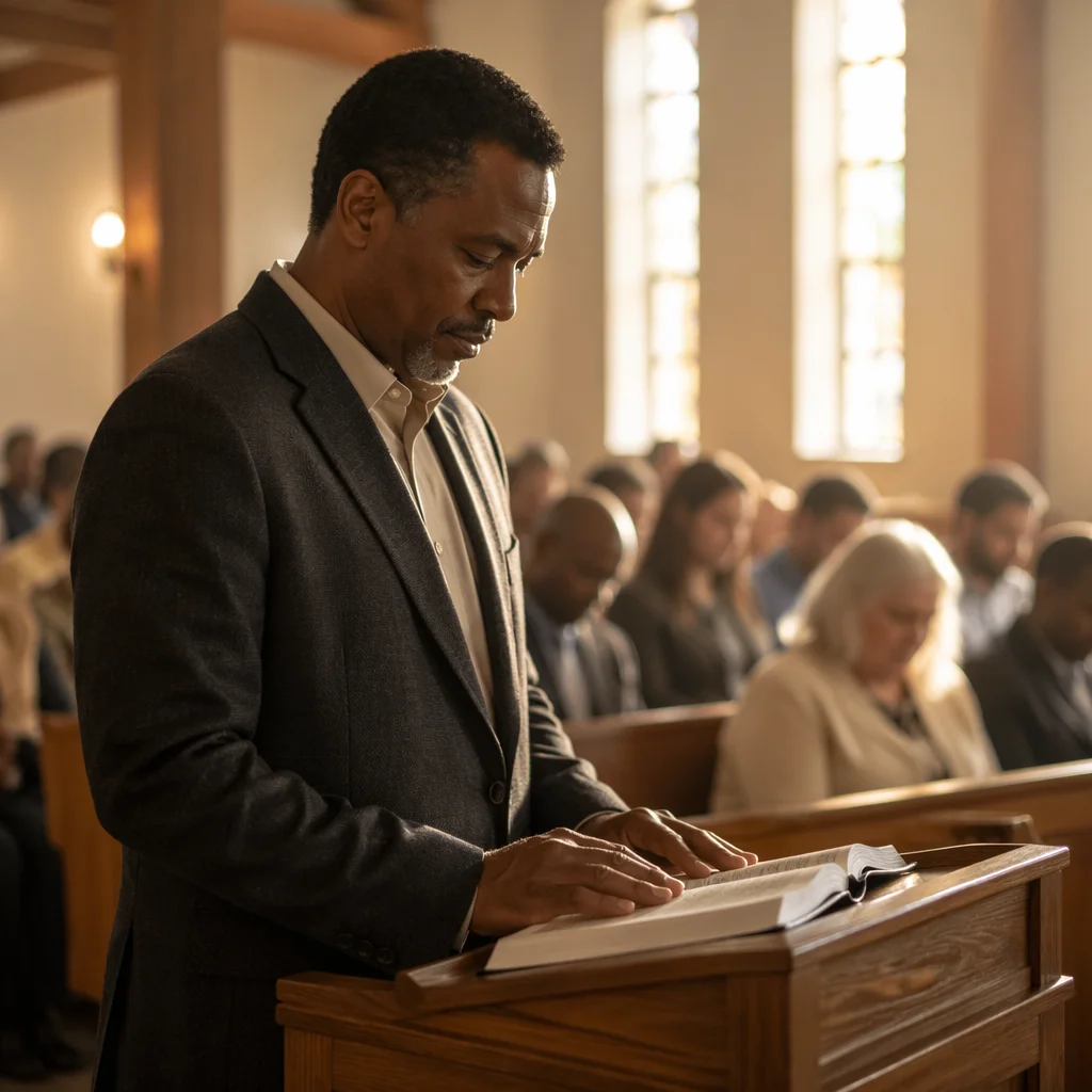 Man Reading at Church Pulpit