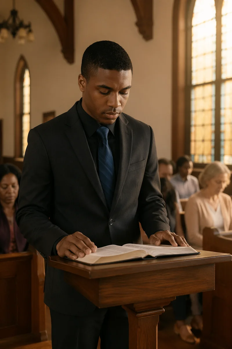 Man Reading at Church Pulpit