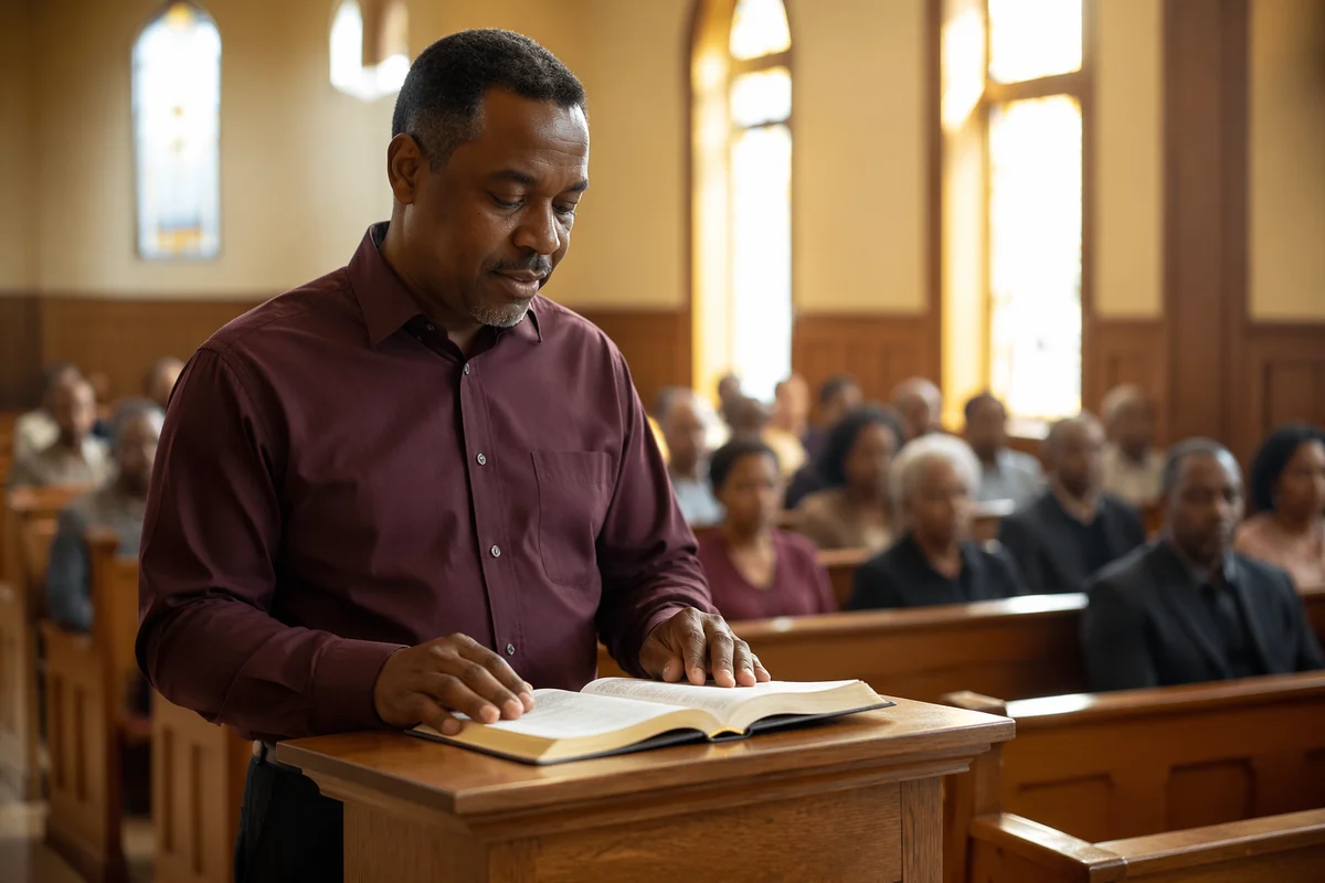 Man Reading at Church Pulpit