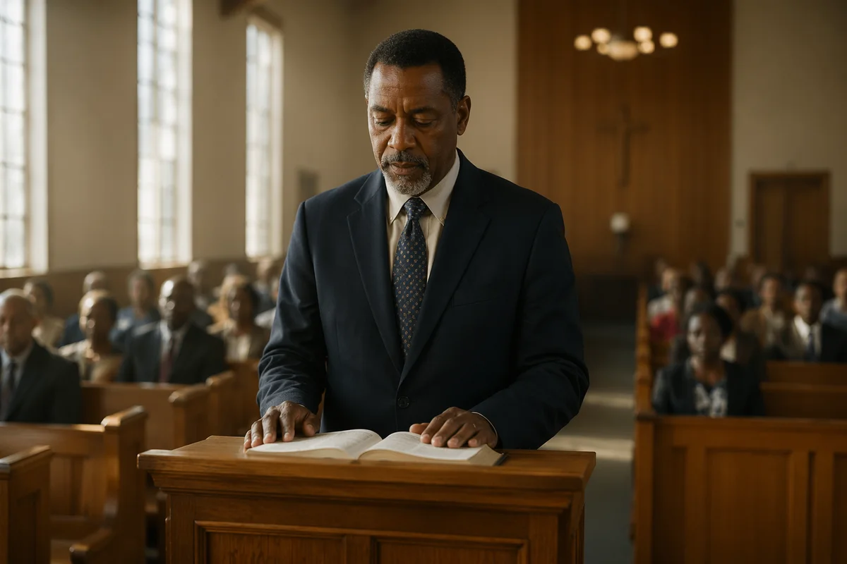 Man Reading at Wooden Church Pulpit