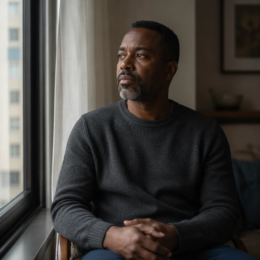 Contemplative Man by Apartment Window Light