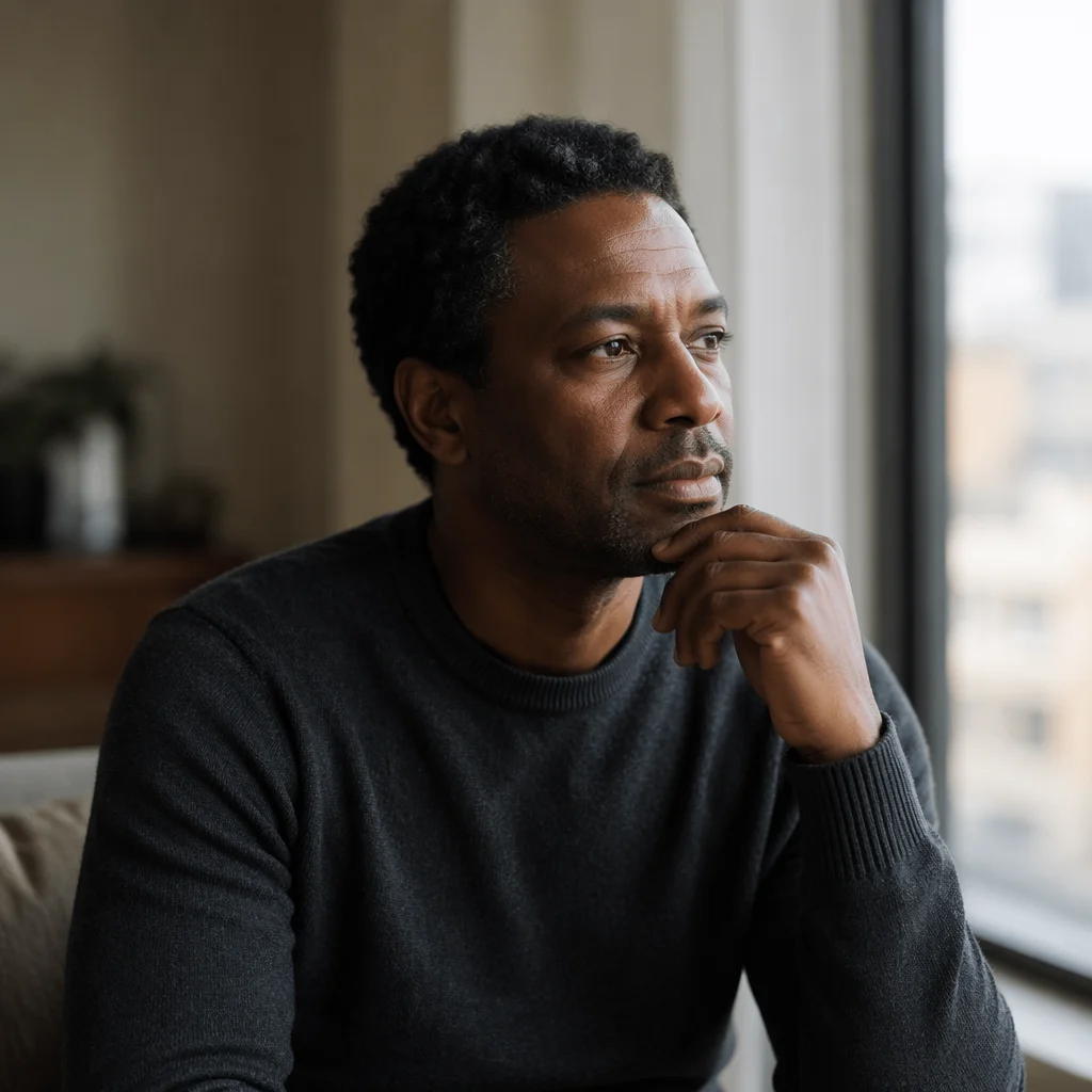 Contemplative Man by Apartment Window