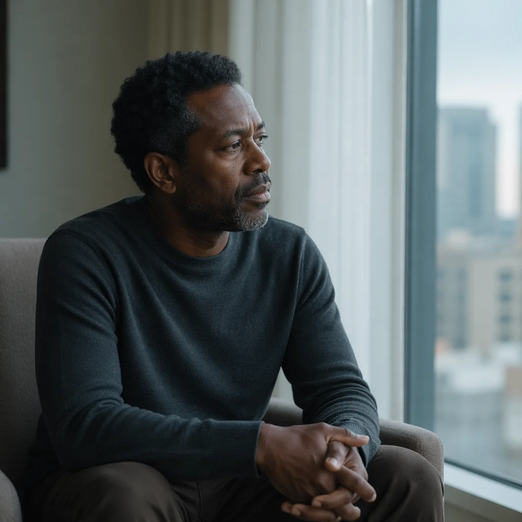 Contemplative Man by Apartment Window