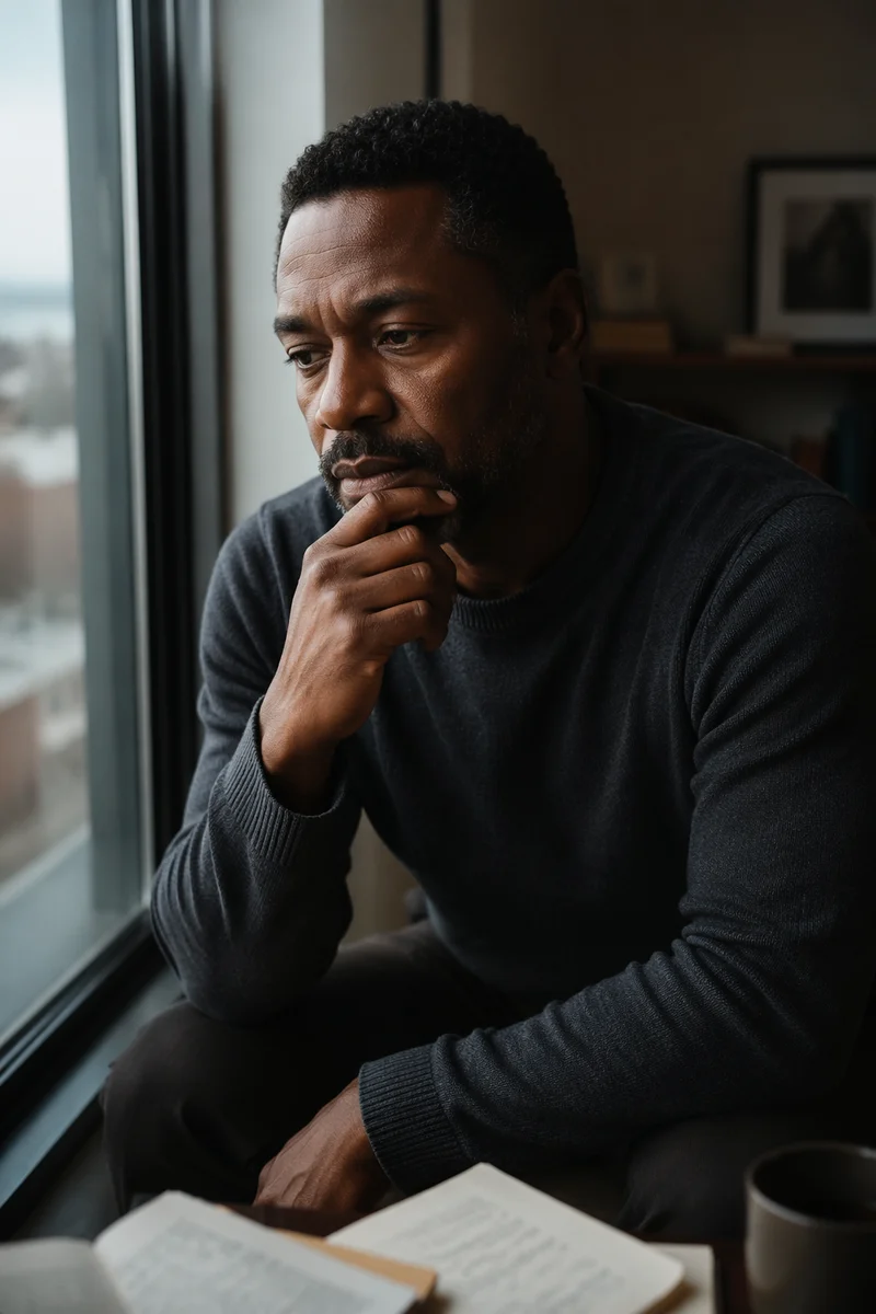 Contemplative Man by Apartment Window