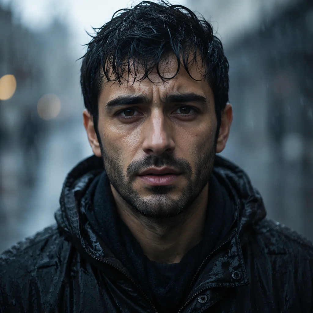 Determined Man in Light Rain Close-Up
