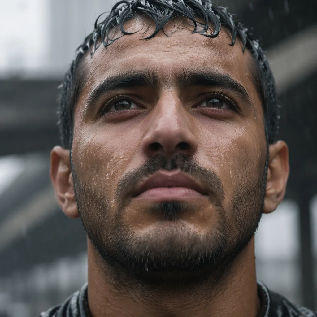 Determined Young Man in Light Rain