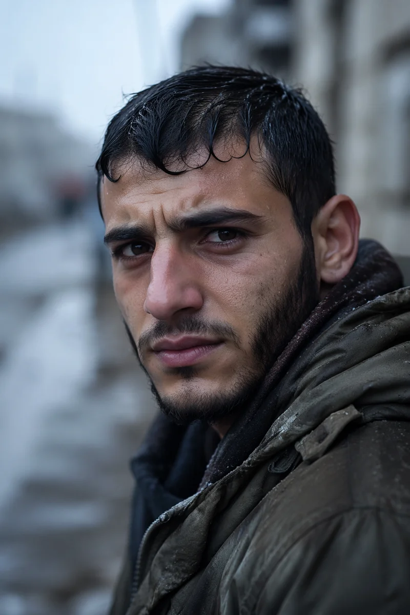 Determined Young Man in Cold Rain