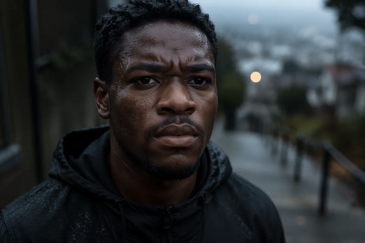 Determined Young Man in Cold Rain