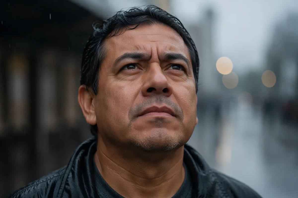 Determined Man in Light Rain Close-Up
