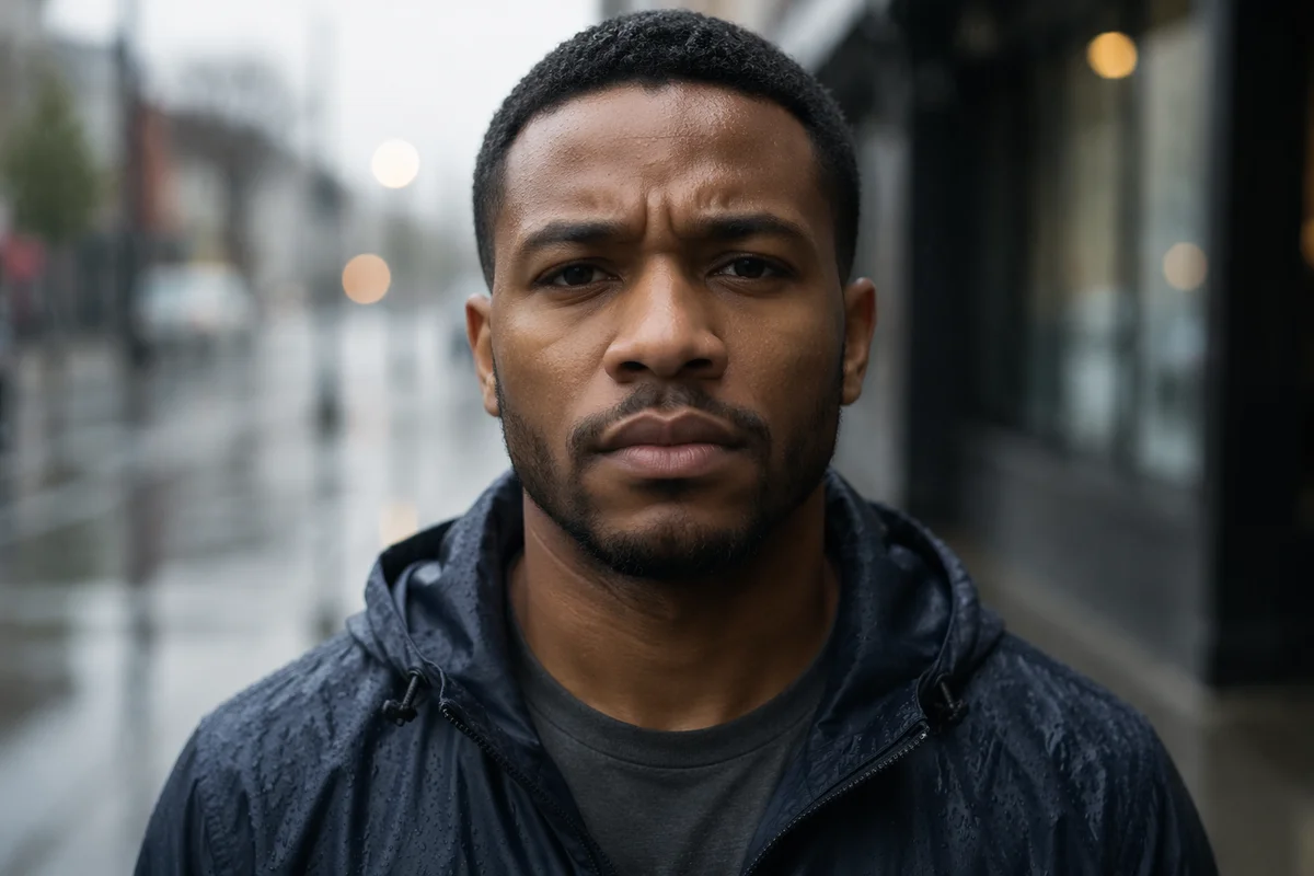 Determined Man in Light Rain Close-Up