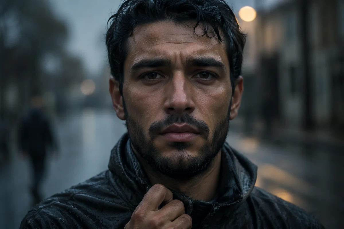 Resilient Man in Light Rain Close-Up