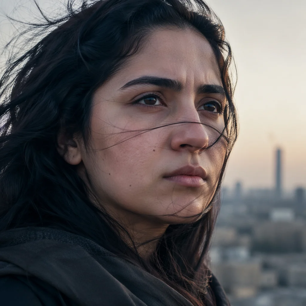 Courageous Woman Facing Wind at Dawn