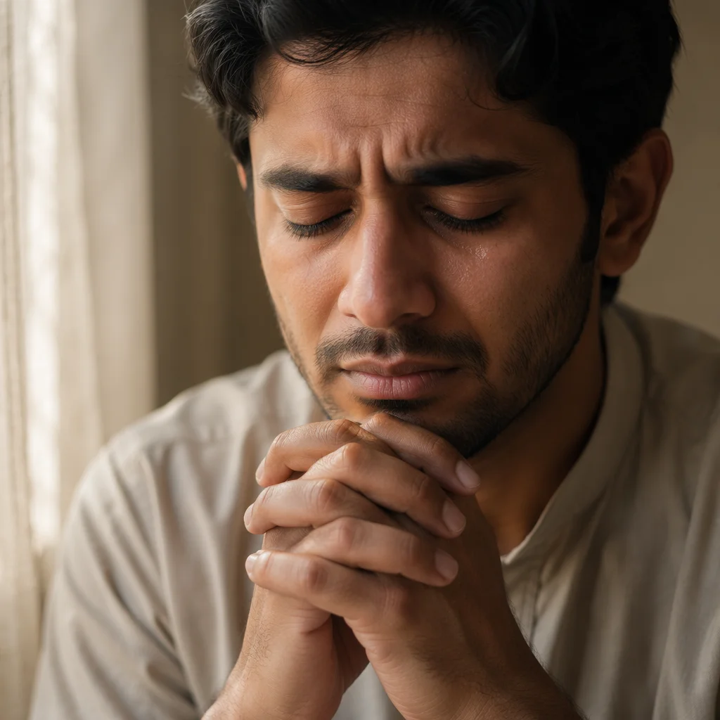Young Man Praying in Tearful Close-Up