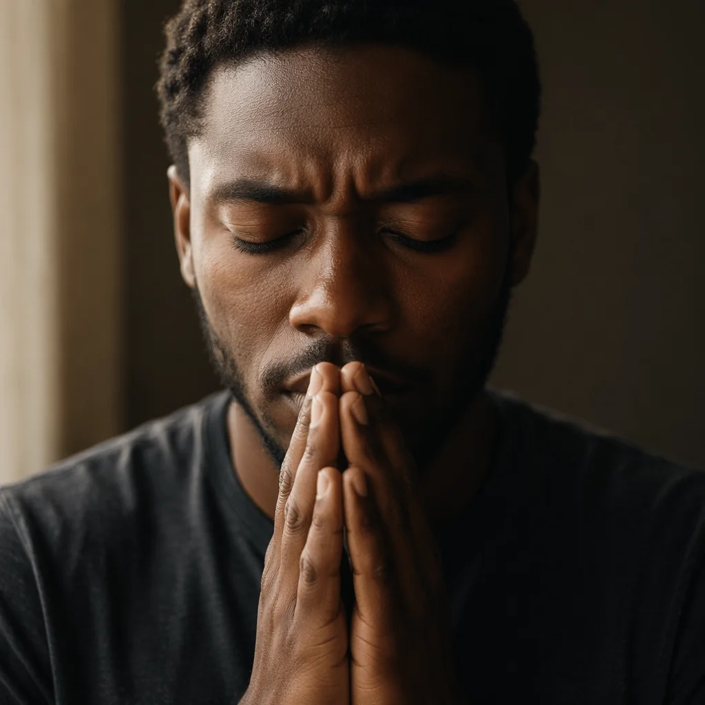 Young Man Praying in Close-Up Portrait