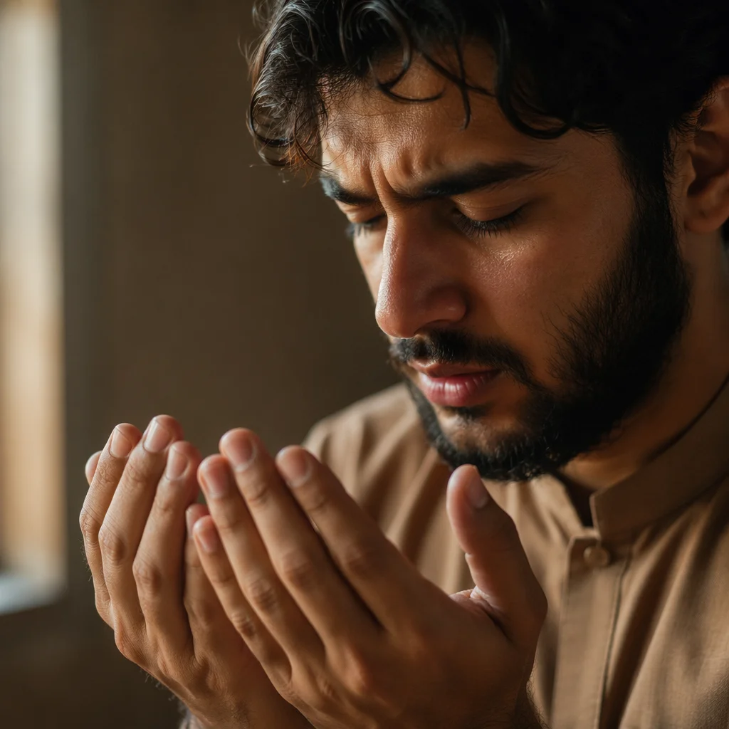 Young Man Praying in Close Up