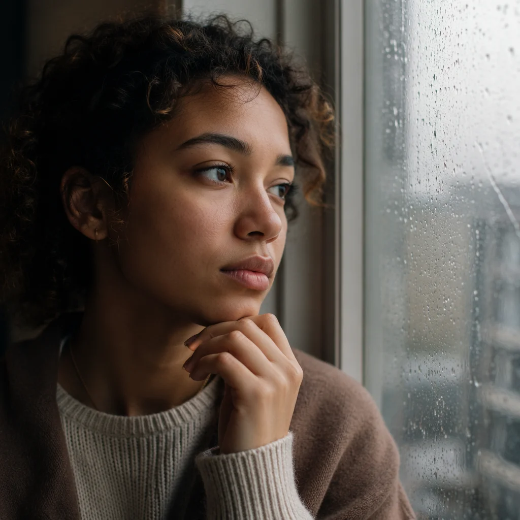 Thoughtful Young Adult by Rainy Window