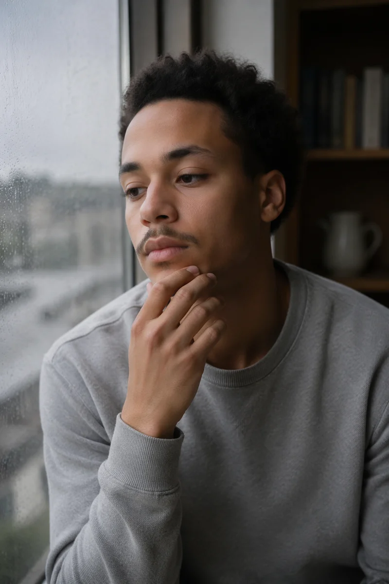 Thoughtful Young Adult by Rainy Window