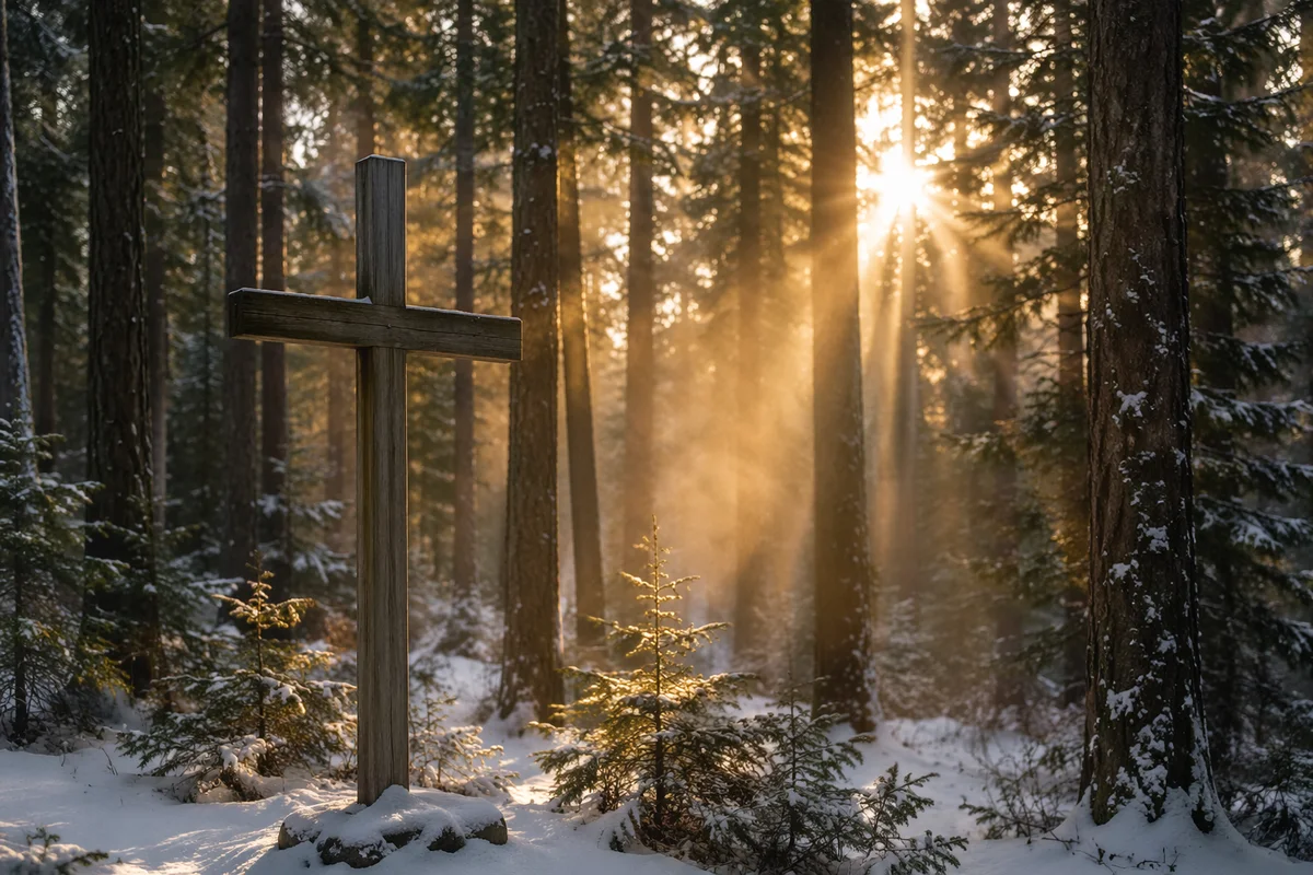 Wooden Cross in Evergreen Morning Rays