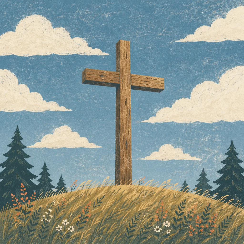 Empty Wooden Cross Beneath Blue Cloudy Sky