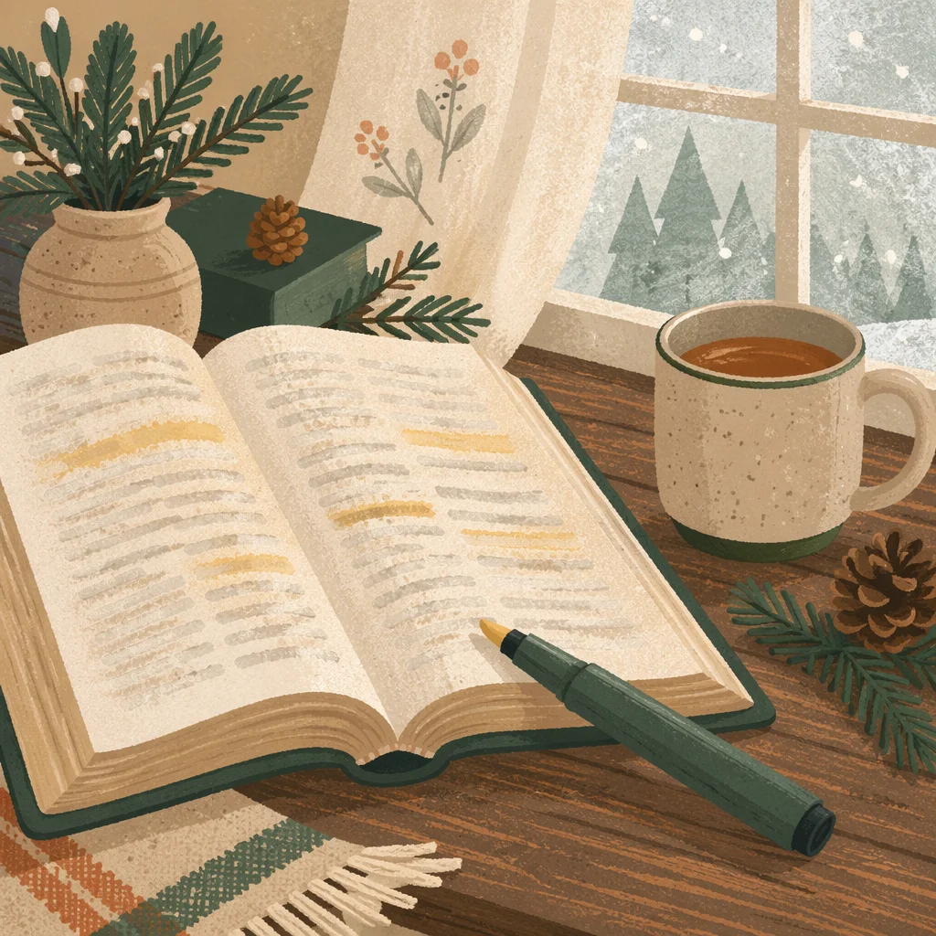 Open Bible with Marker on Wooden Table