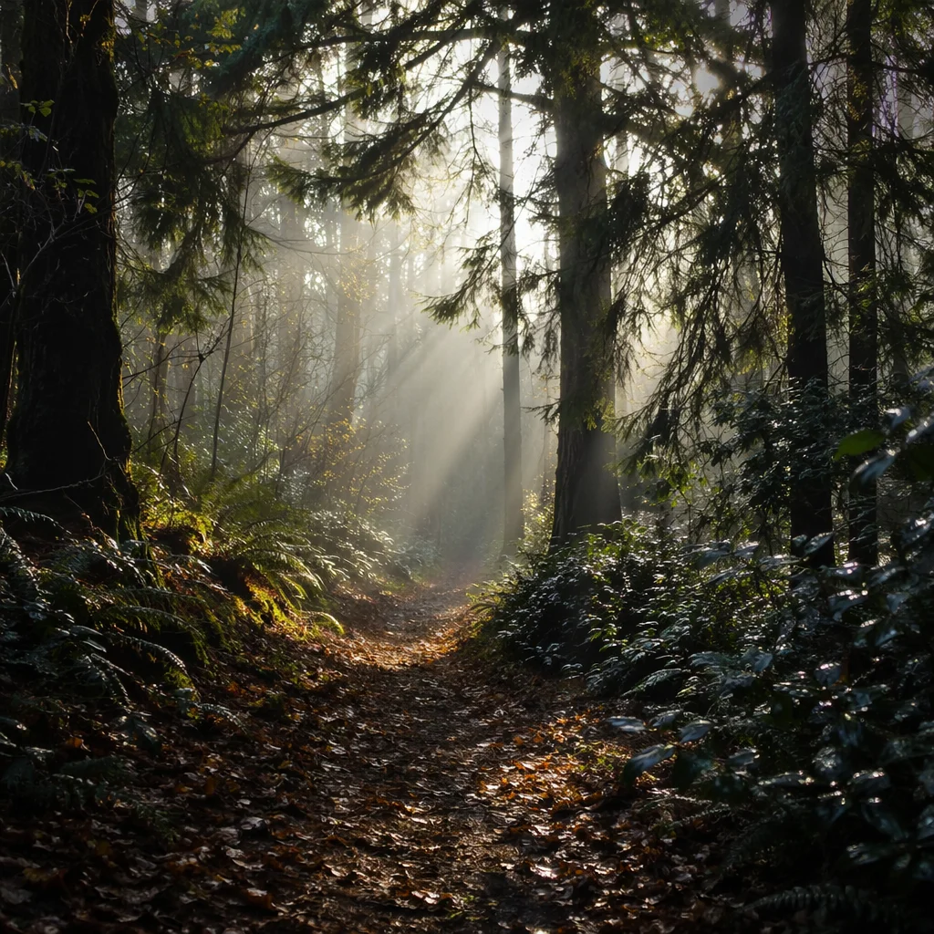 Narrow Evergreen Forest Path Toward Light