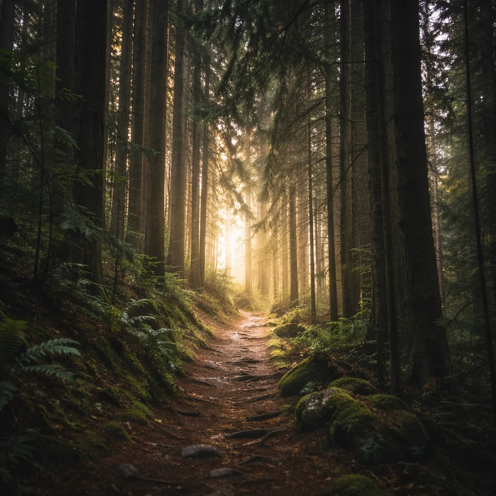 Narrow Evergreen Forest Path Toward Morning Light