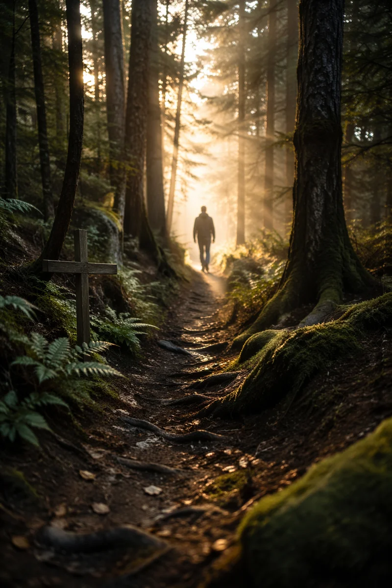 Narrow Forest Path Toward Morning Light