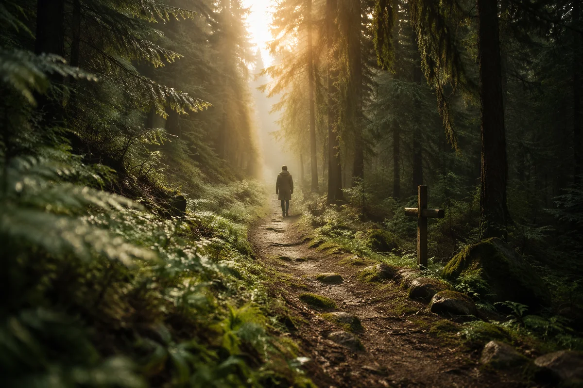 Narrow Evergreen Path Toward Morning Light