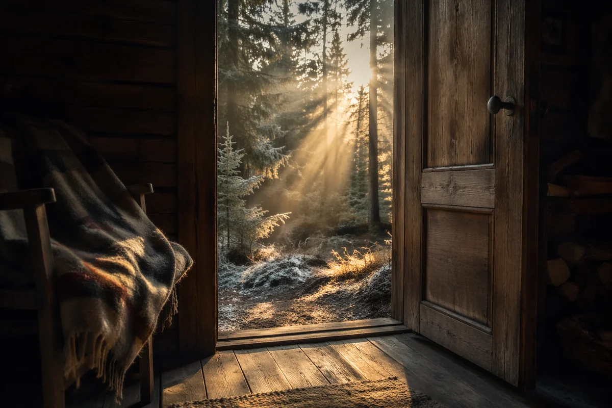Open Cabin Door to Dawn Forest Light