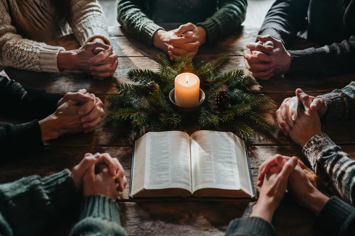 Prayer Group Hands Around Evergreen Candle