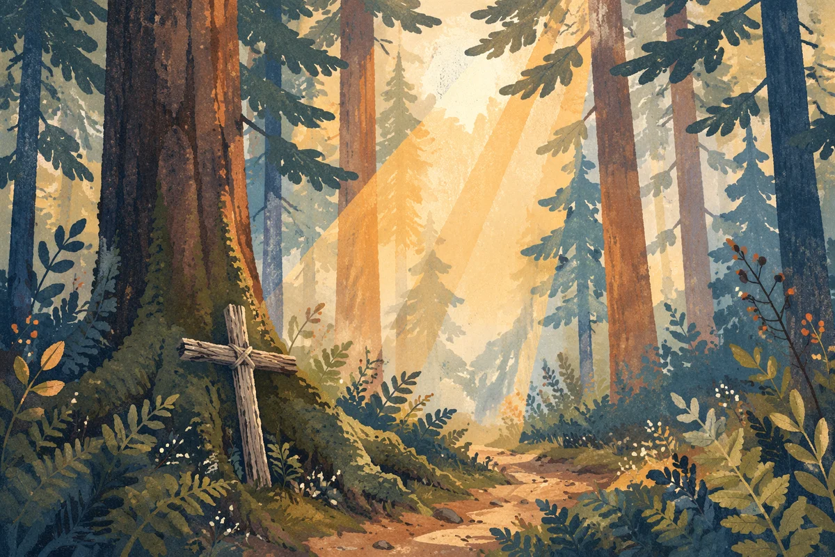Golden Sunlight Over Evergreen Forest Cross