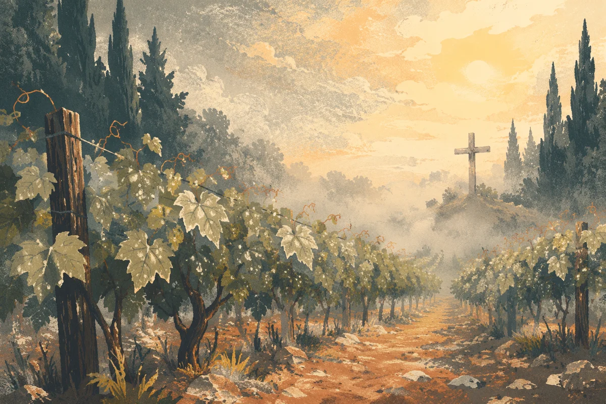 Misty Vineyard Rows With Weathered Cross