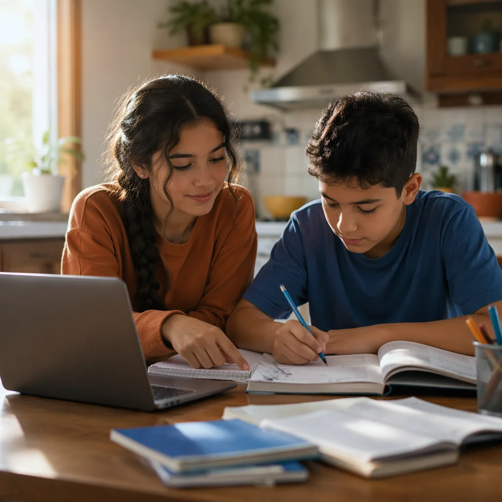 Hispanic Siblings Studying at Kitchen Table