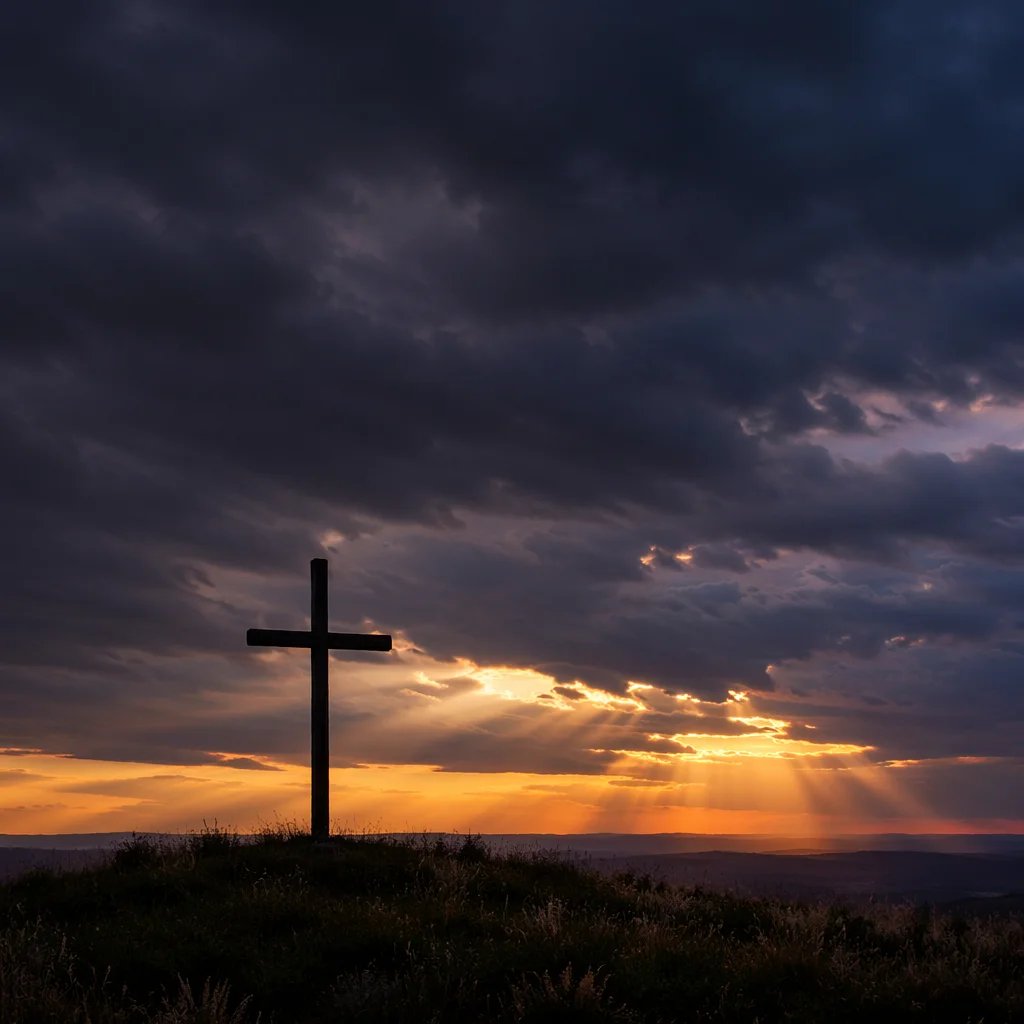 Cross Silhouette on Hill at Dawn