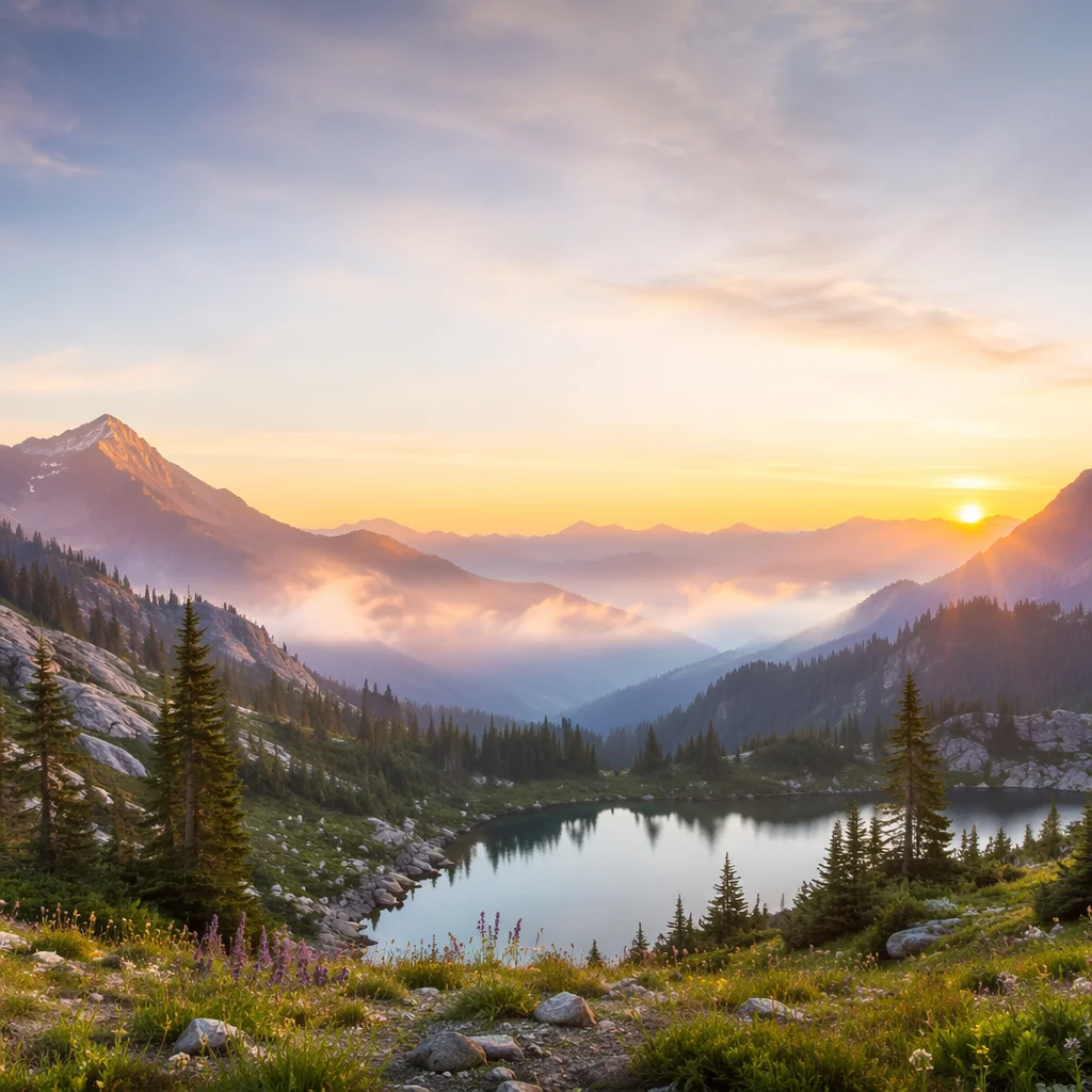 Serene Alpine Lake and Mountain Sunrise