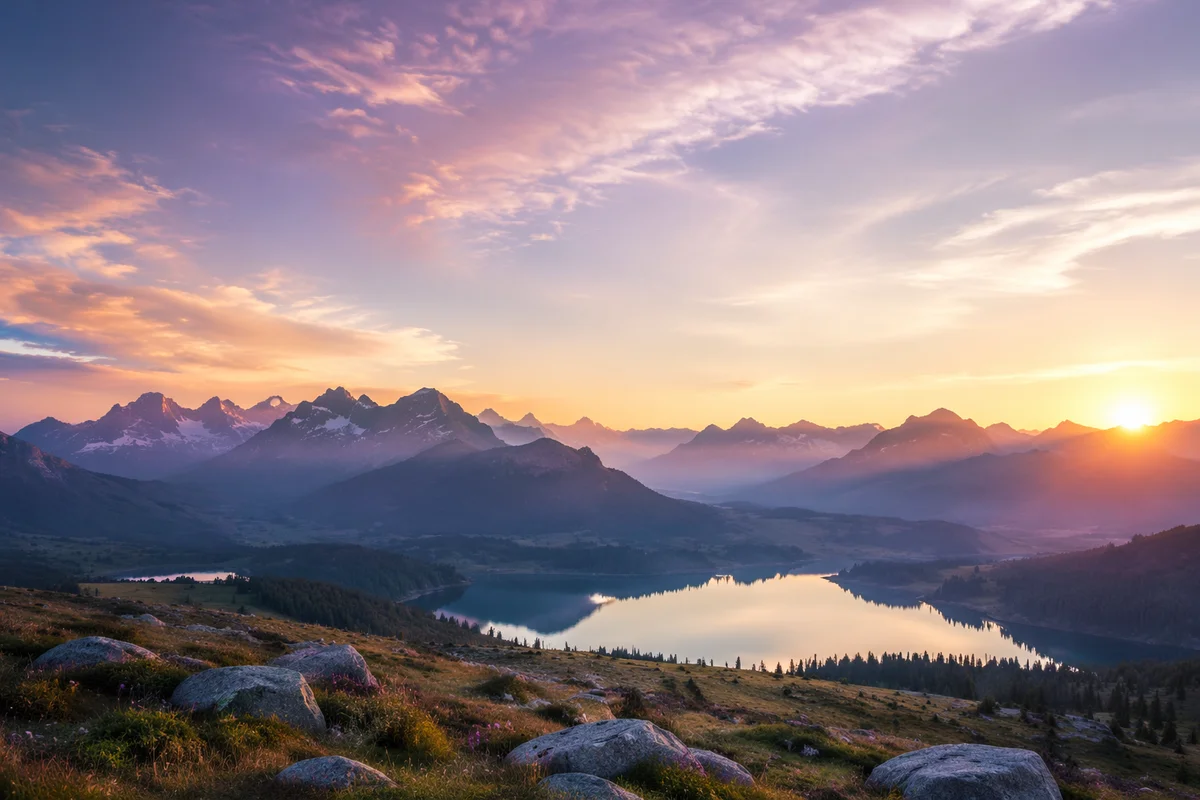 Panoramic Mountain Lake at Sunrise